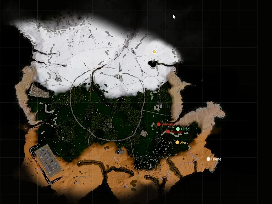 Mapa de campo de la isla de Dino Roars: tundra al norte, bosque al centro, desierto al sur